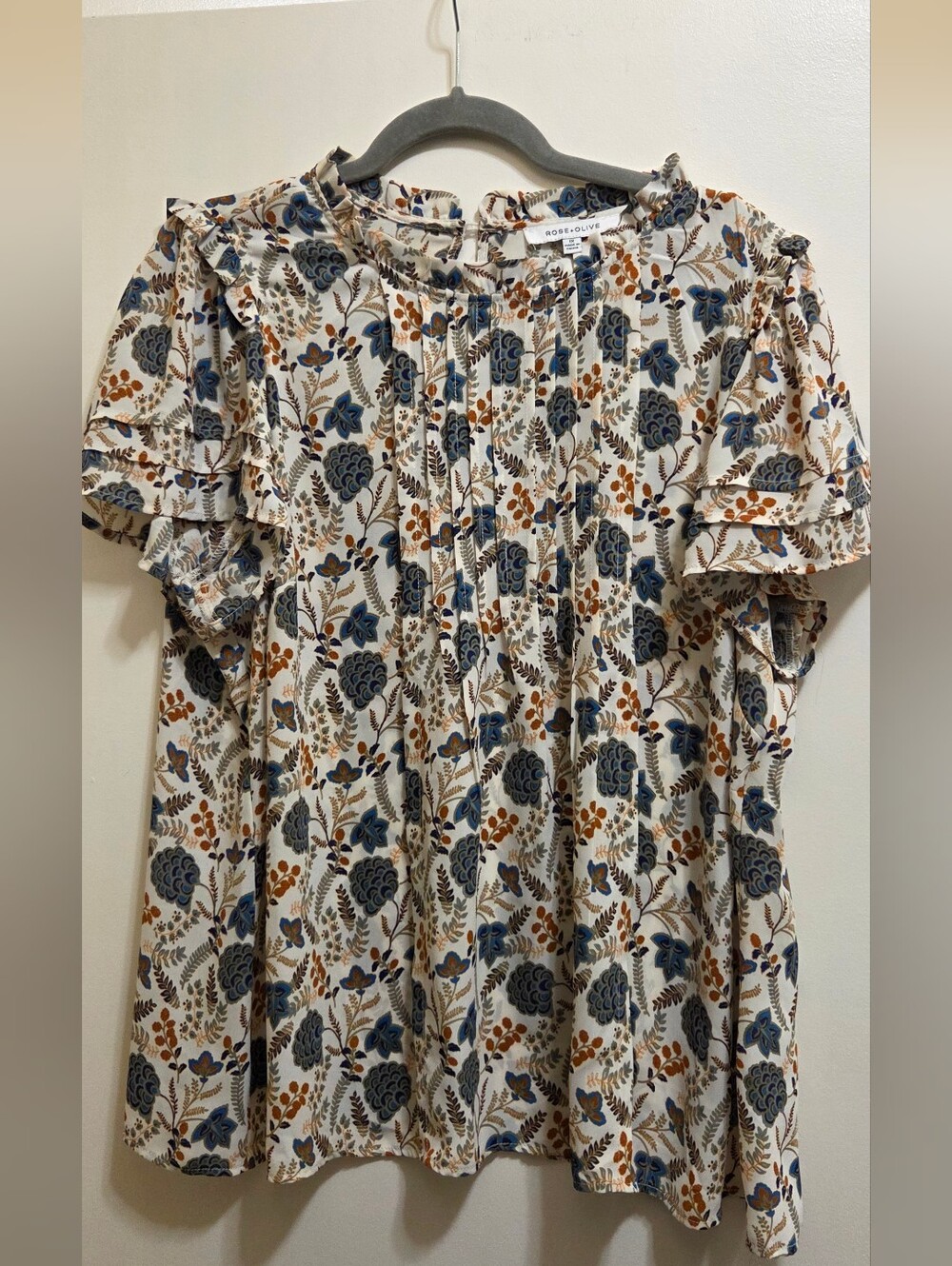 Rose and Olive Cream And Teal Flutter Sleeve Floral Top 1X